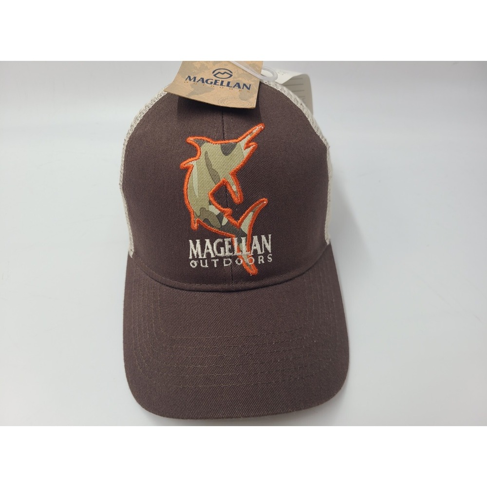 Magellan Outdoors Fishing Marlin Camo Logo Mesh Trucker Snapback Hat Cap Brown